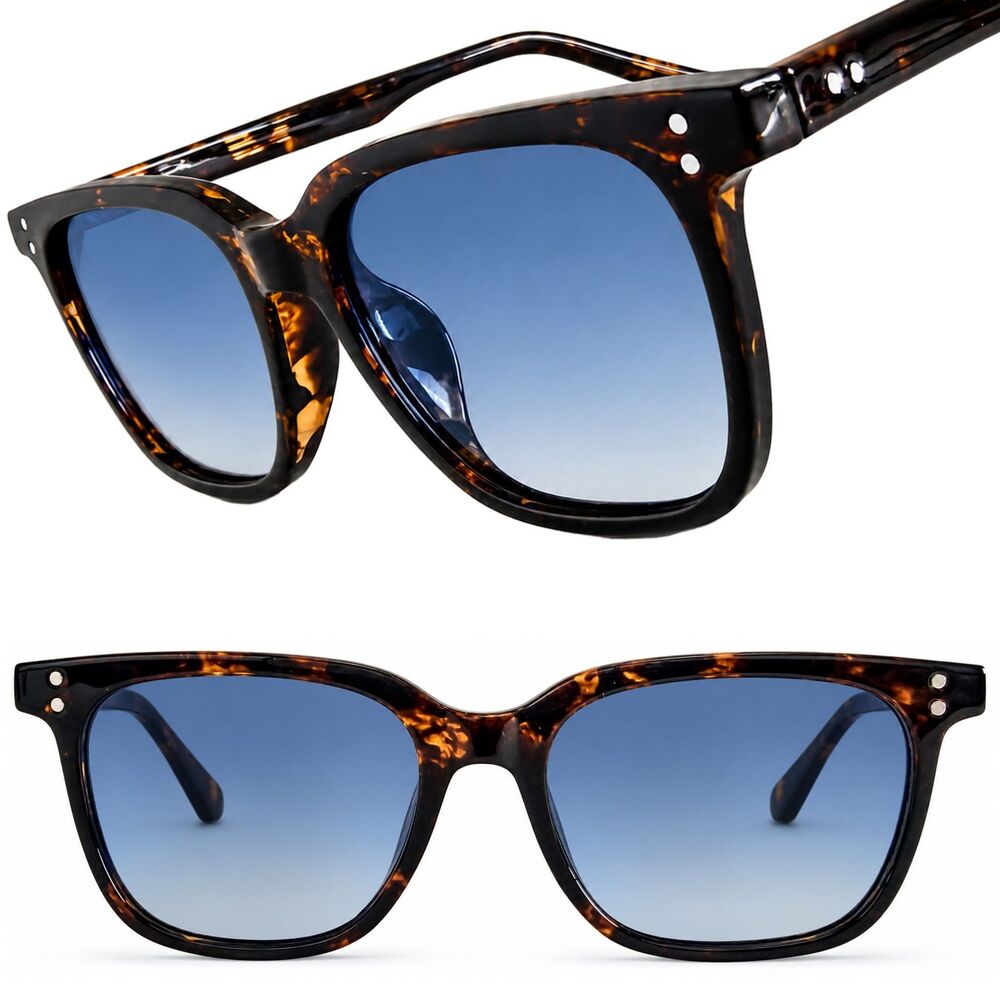 Unisex Square Polarized Sunglasses Tortoise Frame Blue Gradient Lens Retro 90s